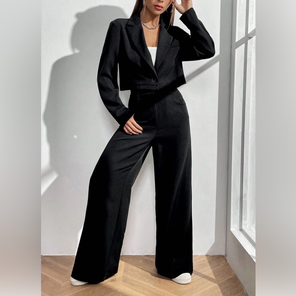 Public Desire Black Sparkly Cropped Blazer with Wide-Leg Trousers Set